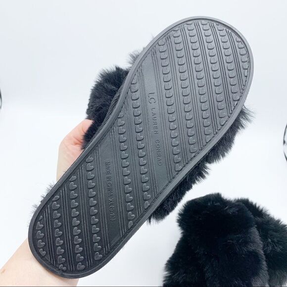 Lauren Conrad Black Fuzzy Criss-Cross Open Toe Slip-On Slipper NWOT‎ Sm 6-7 - Picture 7 of 8